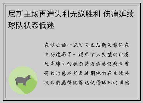 尼斯主场再遭失利无缘胜利 伤痛延续球队状态低迷