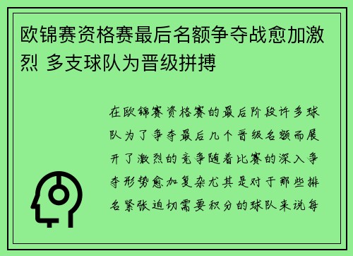 欧锦赛资格赛最后名额争夺战愈加激烈 多支球队为晋级拼搏