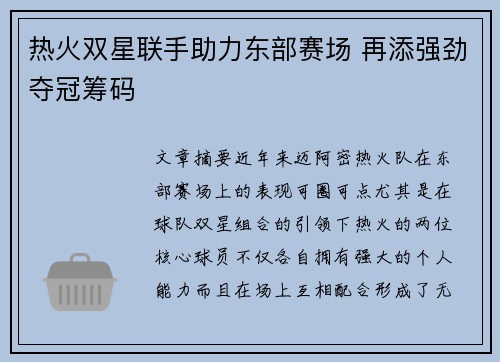 热火双星联手助力东部赛场 再添强劲夺冠筹码