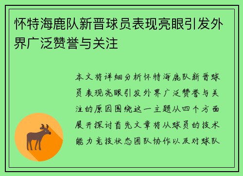 怀特海鹿队新晋球员表现亮眼引发外界广泛赞誉与关注