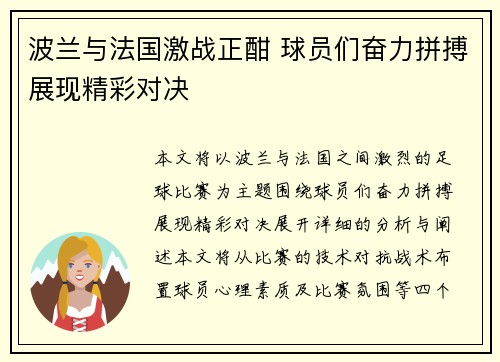 波兰与法国激战正酣 球员们奋力拼搏展现精彩对决