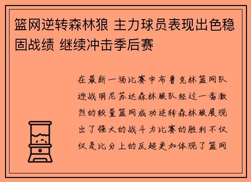 篮网逆转森林狼 主力球员表现出色稳固战绩 继续冲击季后赛