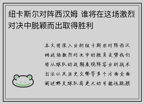 纽卡斯尔对阵西汉姆 谁将在这场激烈对决中脱颖而出取得胜利