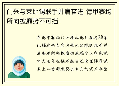 门兴与莱比锡联手并肩奋进 德甲赛场所向披靡势不可挡