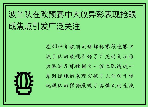 波兰队在欧预赛中大放异彩表现抢眼成焦点引发广泛关注