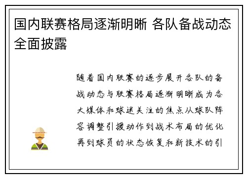 国内联赛格局逐渐明晰 各队备战动态全面披露
