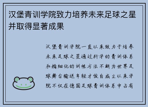 汉堡青训学院致力培养未来足球之星并取得显著成果